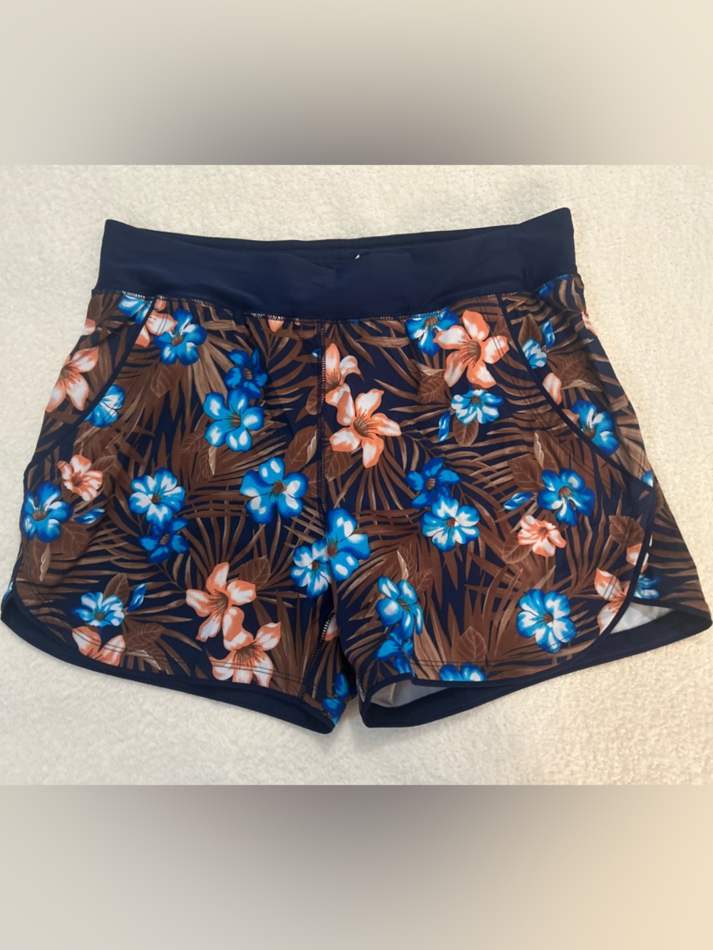 Lands' End Navy Floral Swim Shorts with Blue & Peach Blooms Size 12 NWOT